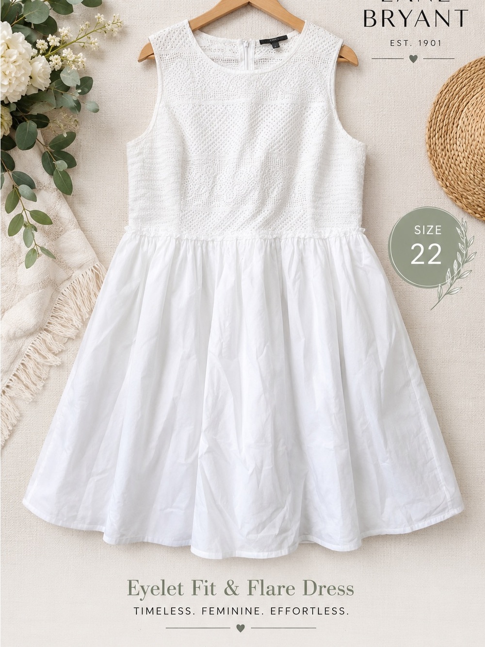 Lane Bryant White Eyelet Fit & Flare Dress Size 22 Cotton Sleeveless Plus